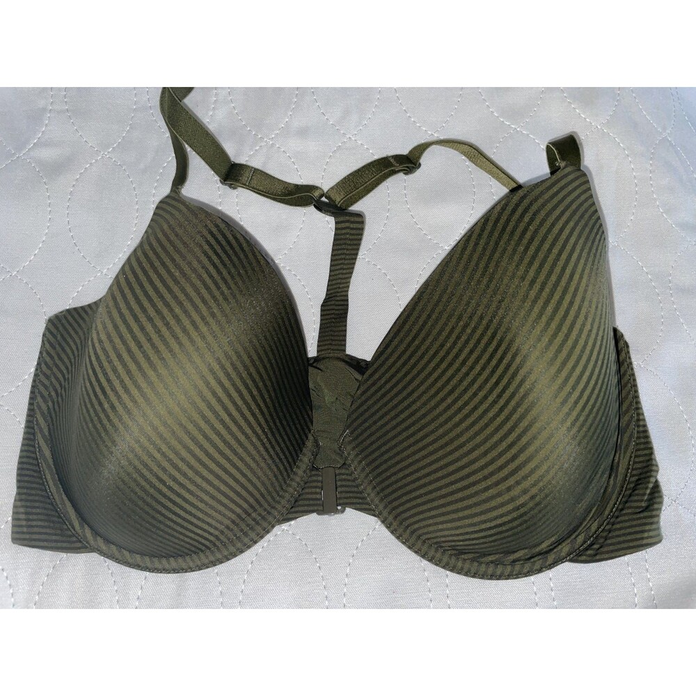 Victoria's Secret Bra 36DD Racerback Striped Semi Demi Military Green Satin